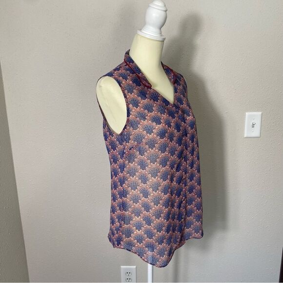 Cabi Burgundy & Blue Sleeveless Sheer Fan Blouse Women's Size Small - Picture 15 of 16